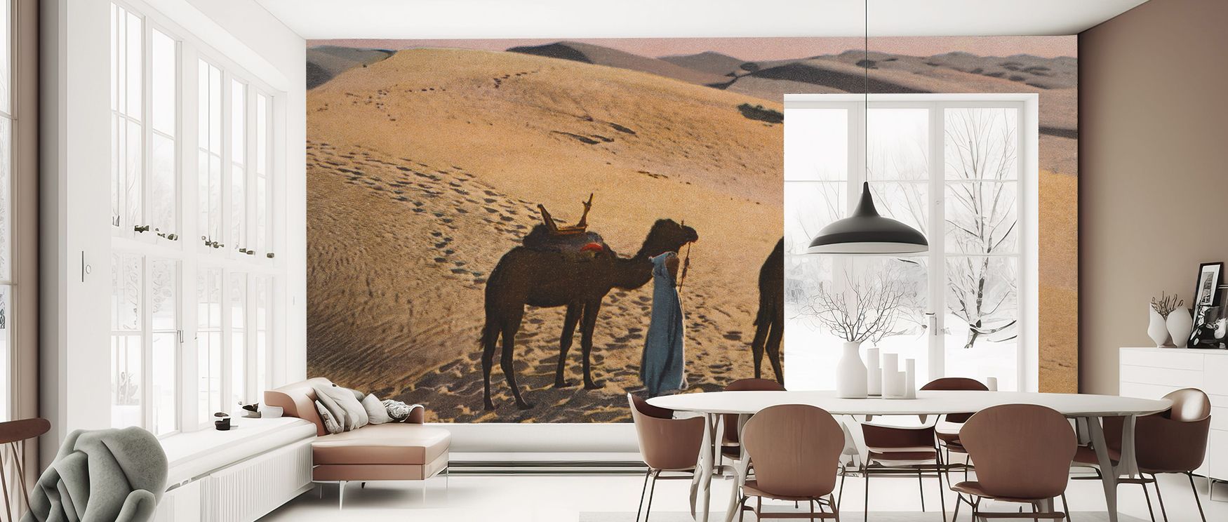 Desert Crossing Postcard Screenprint Wallpaper surrounds homes with refined artistry, presenting desert imagery in luminous tones. Its compositions enrich bedrooms, offices, or living spaces with rhythm, charm, and reflective sophistication that inspire a