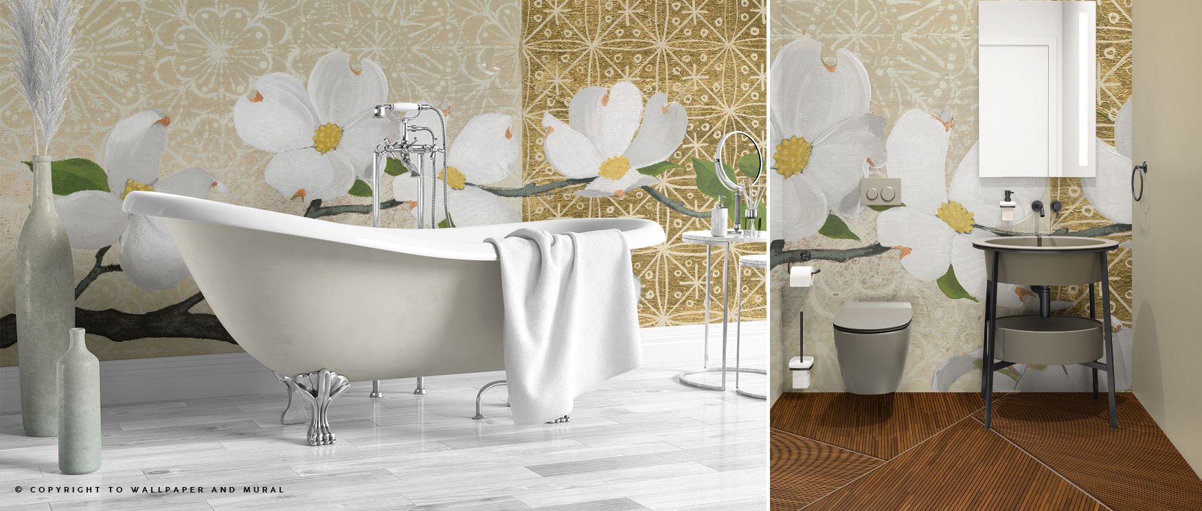 Dogwood on Gold Wallpaper conveys elegance of blossoms, surrounding interiors with luminous rhythm. Homes glow with natural resonance, as bedrooms, offices, or living rooms are enriched with calmness, balance, and artistic charm that transforms décor into
