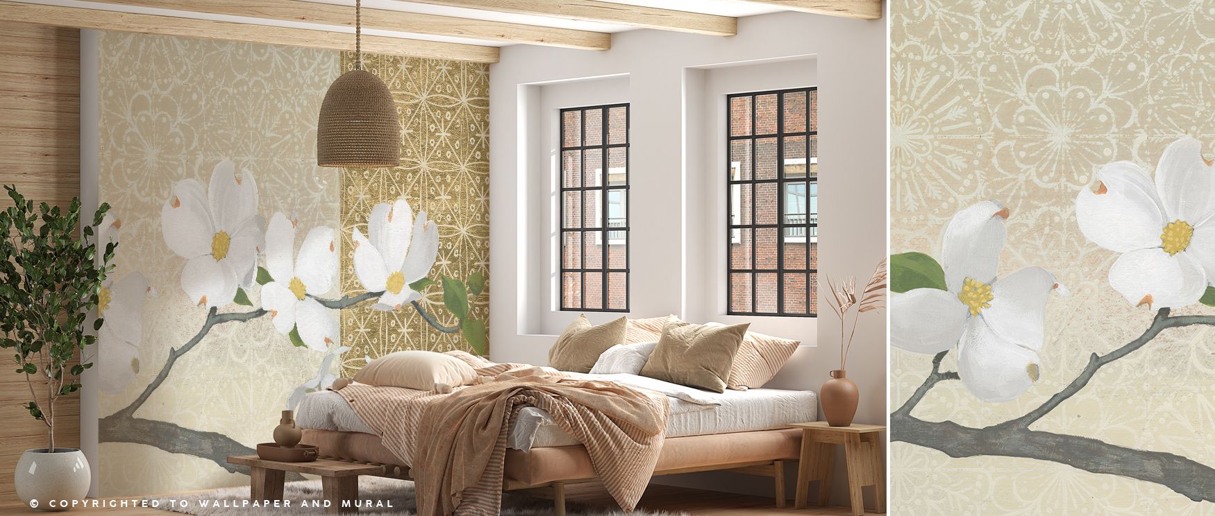 The Dogwood on Gold Wallpaper surrounds homes with luminous blossoms, presenting artistry in radiant tones. Interiors glow with calm atmosphere, enriching bedrooms, offices, or stylish living spaces with balance, serenity, and cultural pride that inspire 