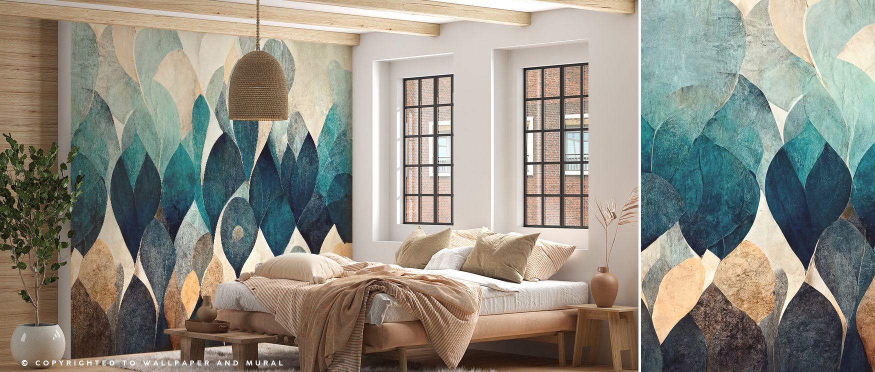 Dry Leaves Wallpaper conveys elegance of natural design, surrounding interiors with luminous tones. Homes glow with atmosphere of charm, serenity, and balance, as bedrooms, offices, or family rooms are enriched with timeless rhythm and reflective inspirat