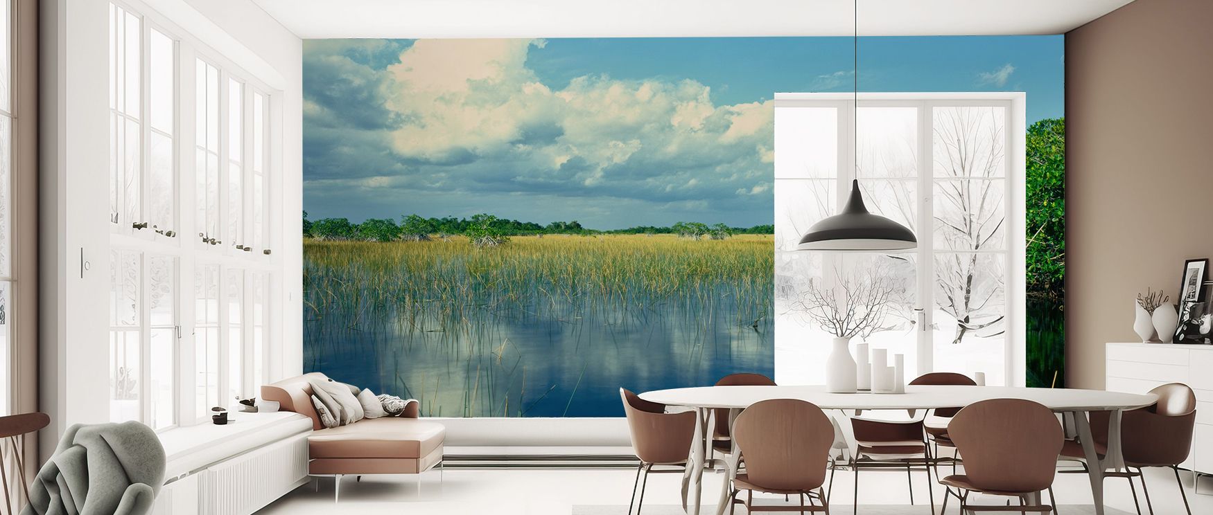 In Eden Branches Wallpaper, delicate branches emerge in luminous imagery, surrounding homes with serenity. Bedrooms, offices, or living spaces glow with atmosphere of balance, charm, and reflective resonance, creating retreats enriched with cultural pride
