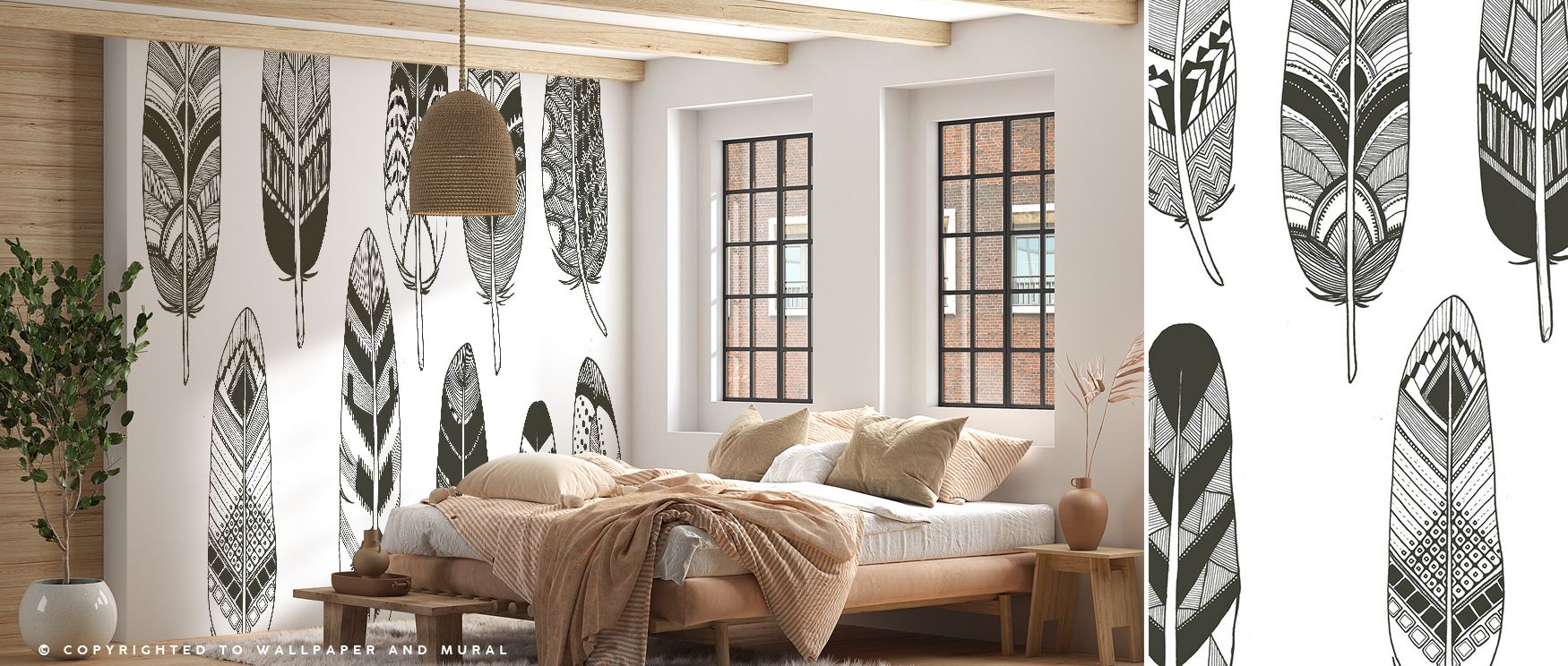 Featherweight Wallpaper conveys natural balance, surrounding interiors with feather imagery in radiant tones. Homes glow with atmosphere of serenity, charm, and reflective artistry, creating retreats enriched with cultural pride and timeless sophisticatio