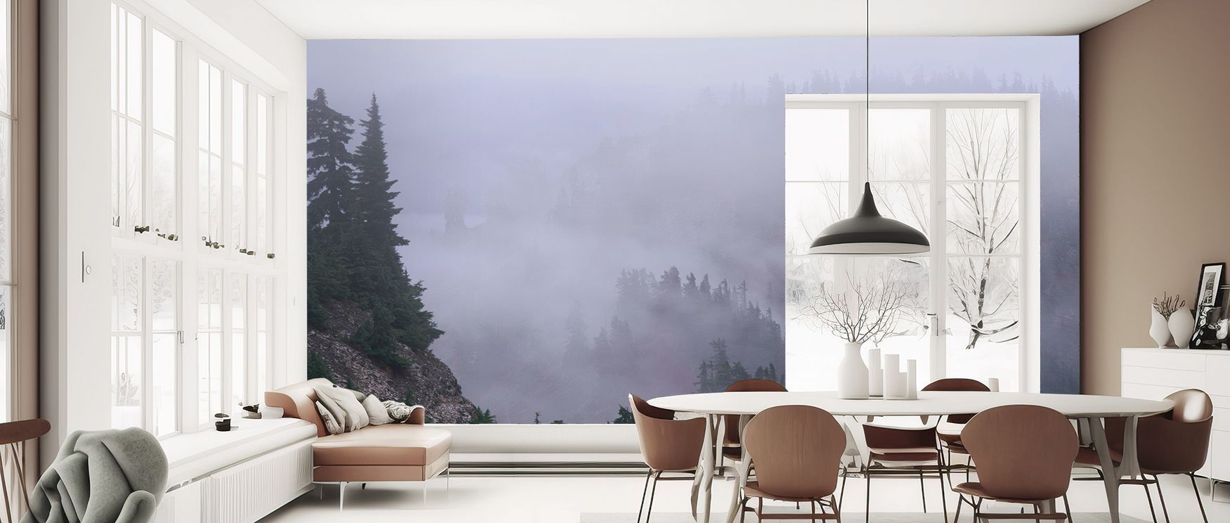In Fog Cascade Wallpaper, radiant tones highlight mist imagery, surrounding interiors with calm resonance. Homes glow with balance, serenity, and charm, enriching bedrooms, offices, or stylish living areas with cultural pride.