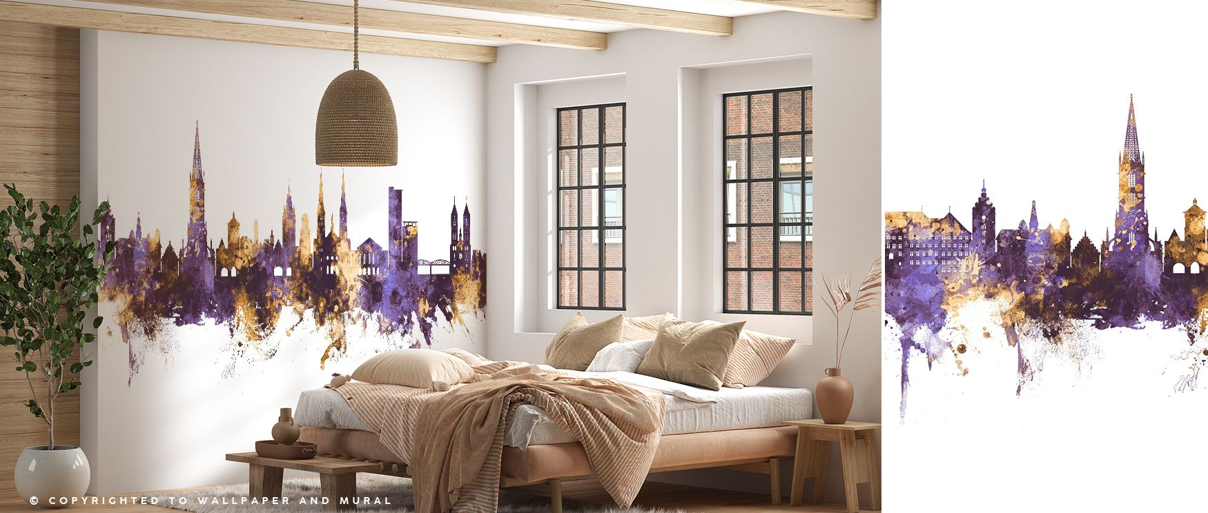 The dramatic interplay of color in Freiburg Germany Skyline Purple & Gold Wallpaper creates luminous atmosphere. Skyline structures appear alive in shimmering tones. Radiant textures emphasize depth and brilliance. Its artistry resonates with modern sophi