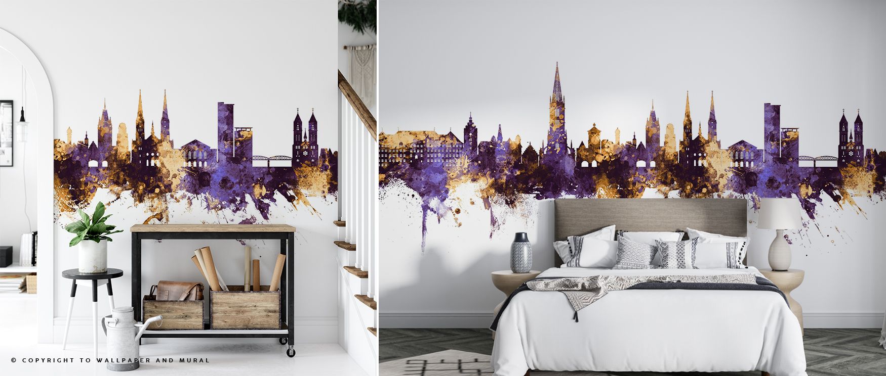 Vibrancy shines through Freiburg Germany Skyline Purple & Gold Wallpaper with luminous tones. Architecture appears transformed into light-filled artistry. Layered colors add richness, while rhythm creates atmosphere. Each surface conveys both structure an