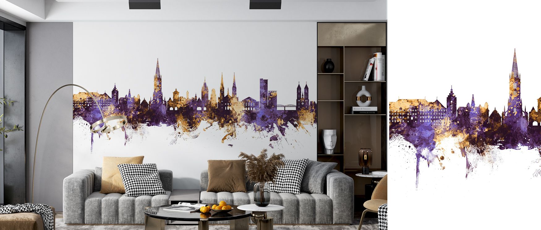 The regal mood of Freiburg Germany Skyline Purple & Gold Wallpaper reflects in deep contrasts of tone. Purple suggests mystery and depth, while gold enriches detail with light. This imagery highlights city pride in artistic form, combining heritage and cr