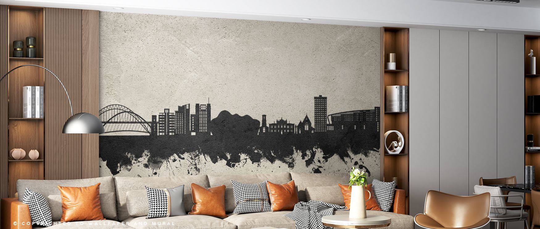 Gateshead England Skyline Concrete Wallpaper portrays strength through architectural silhouettes. Textured tones emphasize urban sophistication, while shading highlights form. The design resonates with heritage and charm, celebrating city character. Its v
