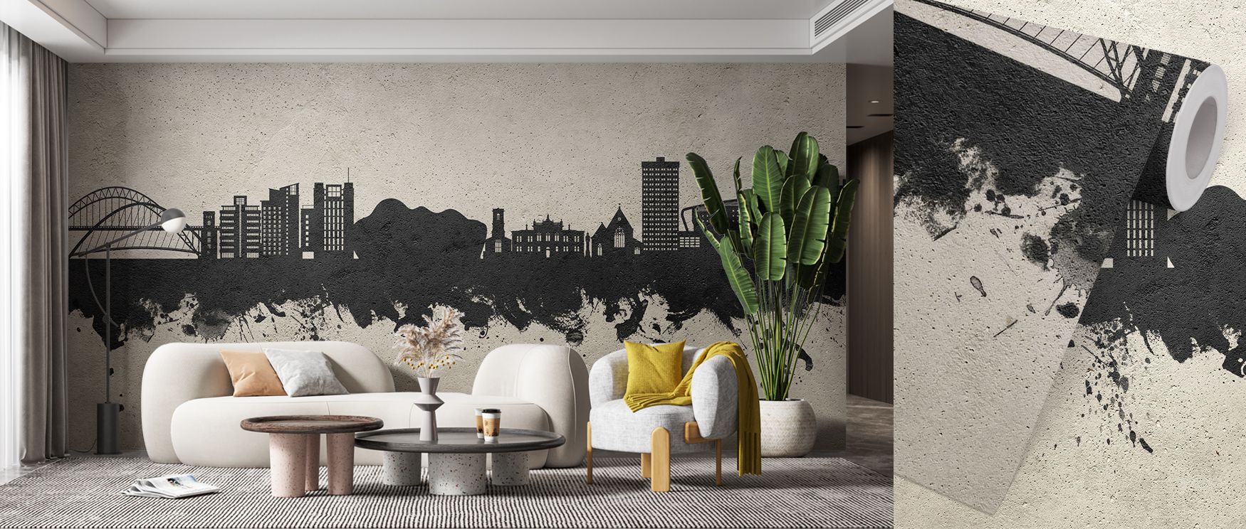 Expressive minimalism shapes Gateshead England Skyline Concrete Wallpaper with textured gray surfaces. Each building silhouette appears sharp and bold, highlighting heritage. The design reflects urban artistry, merging strength with refinement. Its subtle