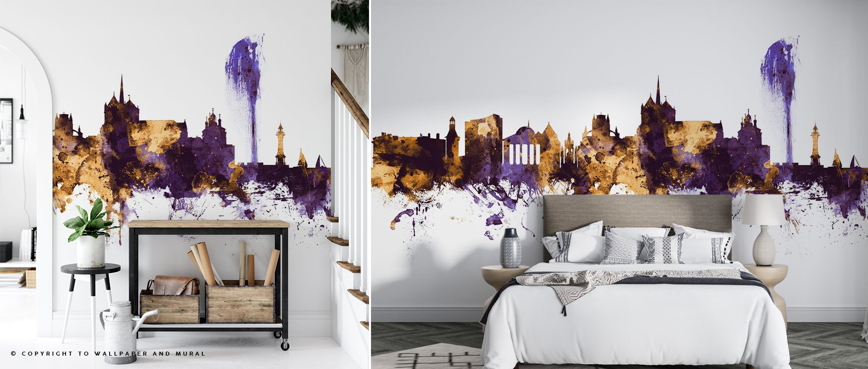 Architectural beauty glows in Geneva Switzerland Skyline Purple & Gold Wallpaper, where vibrant contrasts create drama. Purple evokes richness, while gold emphasizes detail. The design transforms walls into luminous canvases of identity. Its mood celebrat