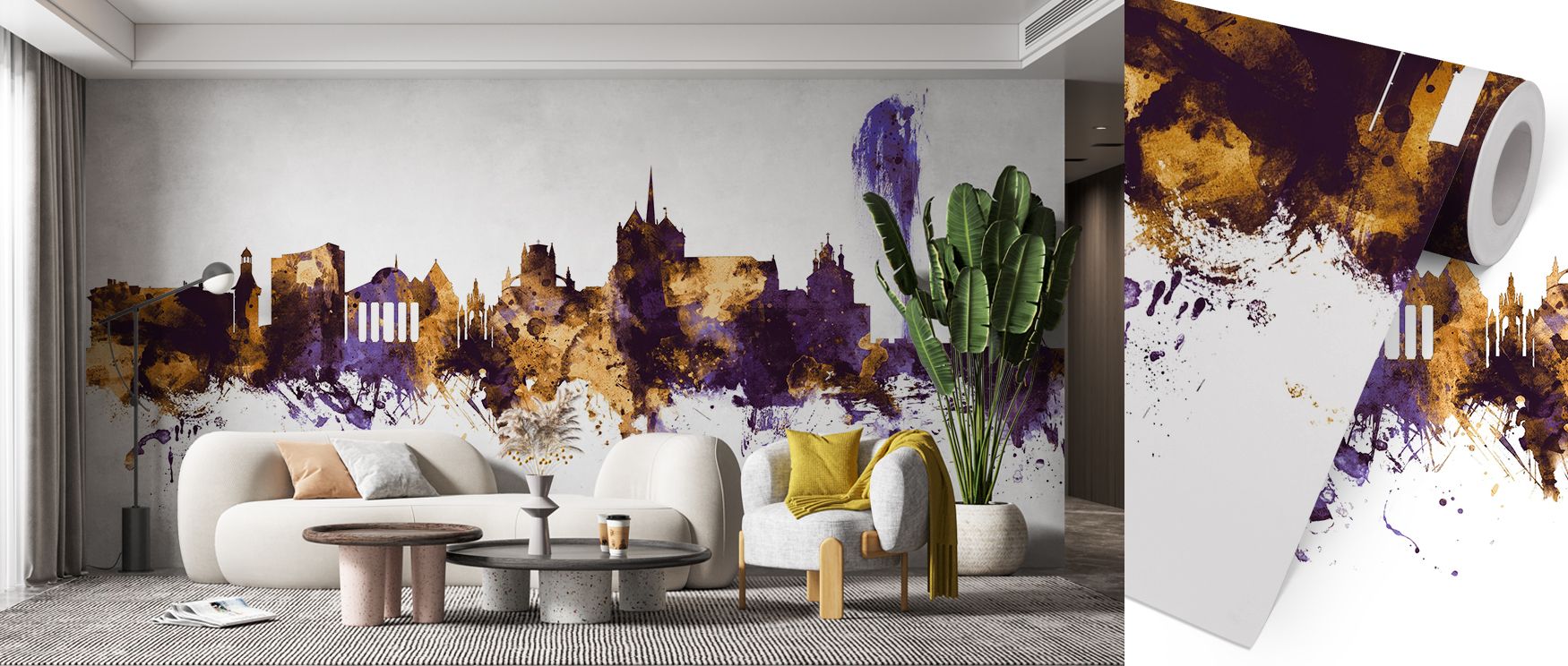 Geneva Switzerland Skyline Purple & Gold Wallpaper carries luminous artistry, layering city forms in striking tones. The composition highlights silhouettes with depth and brilliance, creating atmosphere. Its palette conveys richness and creativity, uplift