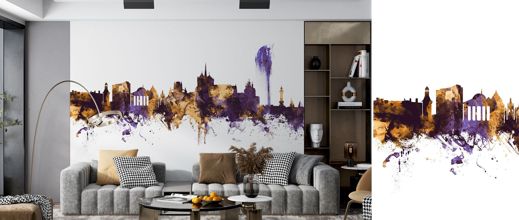 Urban radiance defines Geneva Switzerland Skyline Purple & Gold Wallpaper with shimmering tones that elevate architecture into art. Deep purple conveys boldness, while gold offers brilliance. Its design layers depth and dimension, creating visual intrigue