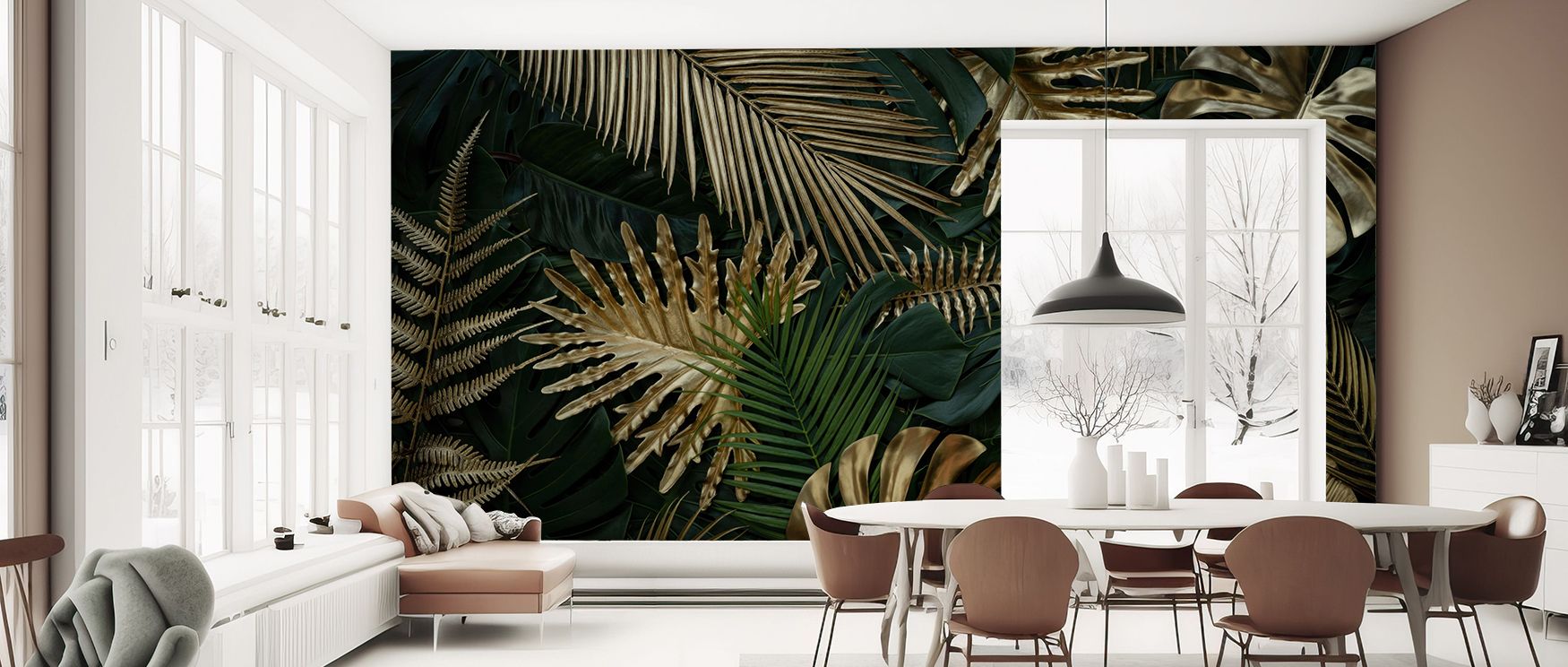 Gold and Green Tropical Forest Vibe Wallpaper conveys brilliance with expressive imagery of leaves layered in rhythm. Each form highlights vitality, while gold adds shimmer. Its palette reflects natural creativity. The design resonates with both elegance 