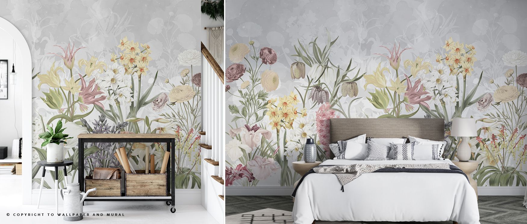 Happy Spring Flowers Grey Wallpaper celebrates vitality with blossoms flowing across surfaces in layered compositions. Each detail conveys rhythm and delicacy. The imagery reflects charm. Its palette enriches atmosphere. Interiors gain freshness and inspi