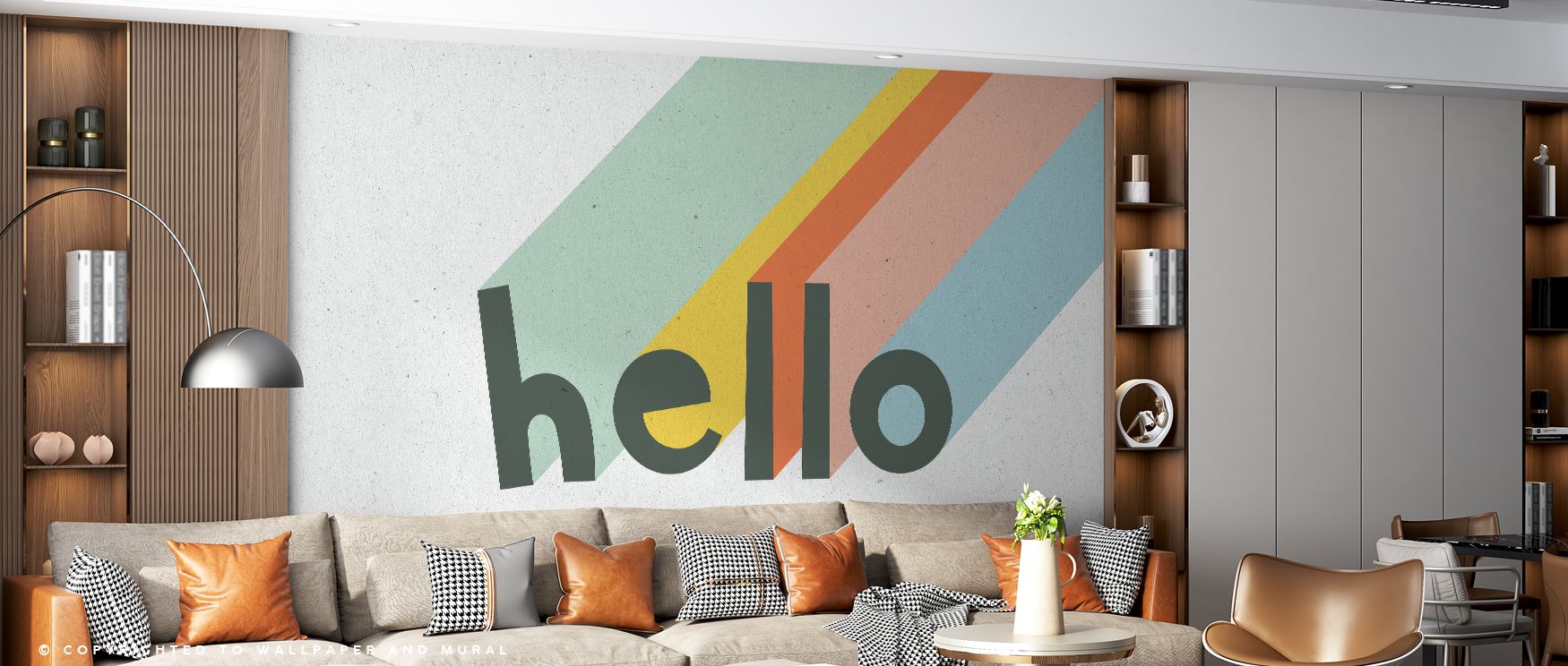Radiant arcs highlight Hello Rainbow Wallpaper with tones layered in flowing compositions. Each color conveys charm, suggesting joy. The imagery reflects playfulness. Its palette resonates with vibrancy. Interiors gain lively atmosphere. A nursery thrives