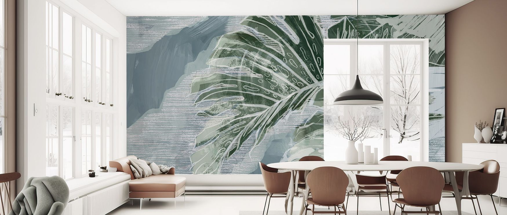 High Grunge Leaves Wallpaper radiates vibrancy with florals depicted in textured balance. Each element conveys creativity. The palette enhances richness. Its imagery resonates with modern artistry. Interiors become filled with edge. A living room thrives 