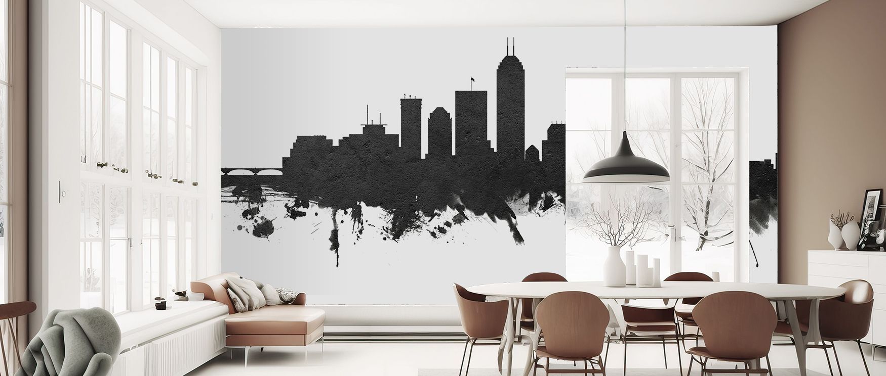Timeless expression radiates through the Indianapolis Indiana Skyline Black & White Wallpaper, which distills the city into pure form. Its monochrome arrangement enhances versatility, blending with varied color palettes. Mention of the living room highlig