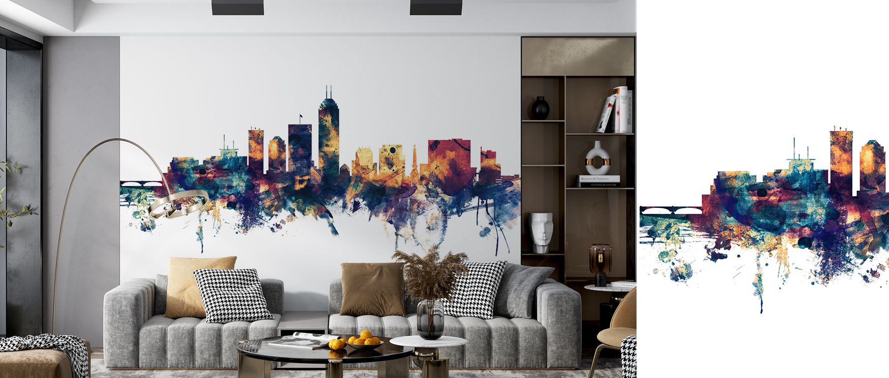 The Indianapolis Indiana Skyline Blue & Bronze Wallpaper celebrates artistic interpretation through metallic vibrancy. Each building reflects depth, while tones complement one another harmoniously. A single mention of bedroom placement assures its peacefu