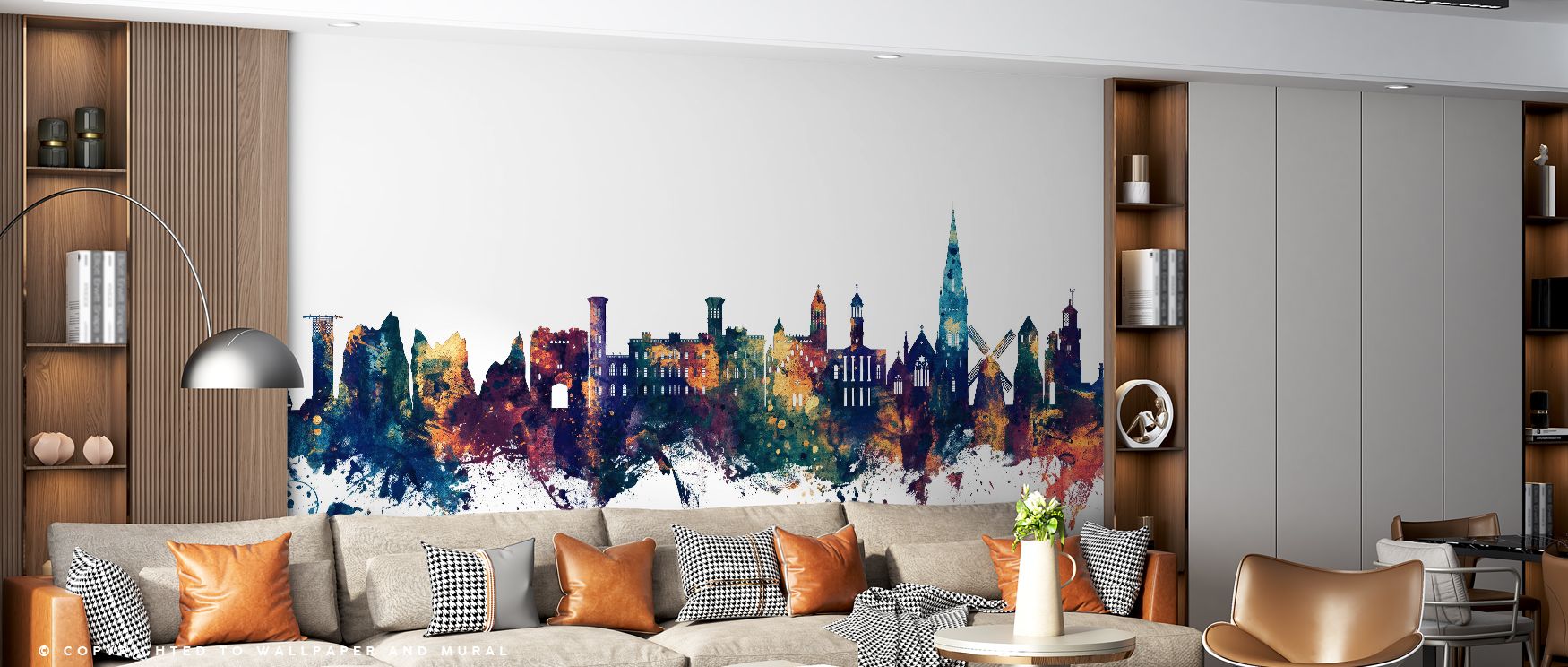Architectural forms rise proudly within the Isle of Wight England Skyline Blue & Bronze Wallpaper, each stroke conveying culture and modern artistry. Tones of bronze glow across darker hues, radiating urban charm. With one note of living room use, the wal