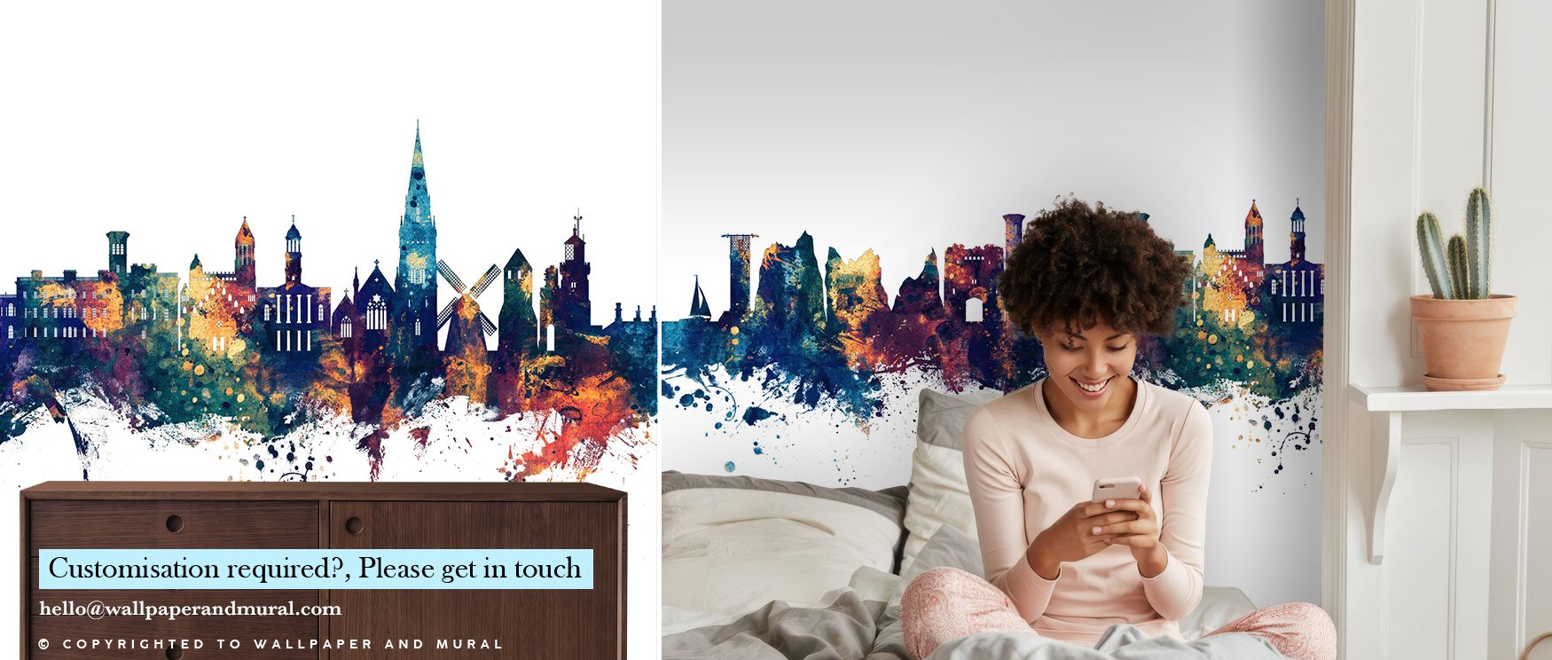 Glowing bronze accents define the Isle of Wight England Skyline Blue & Bronze Wallpaper, where buildings shine against strong blue horizons. Its impression is bold yet balanced, suitable for contemporary interiors. One line highlighting its application in