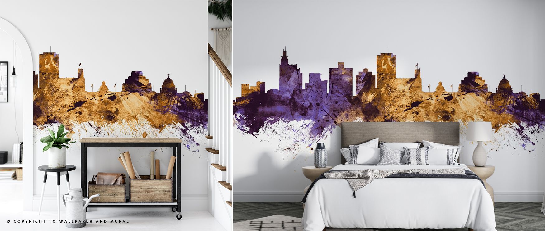 The Jackson Mississippi Skyline Purple & Gold Wallpaper thrives on luminous contrasts, where golden tones highlight silhouettes. Purple backgrounds enrich the view, making it vibrant and powerful. With one line about living rooms, the wallpaper transforms