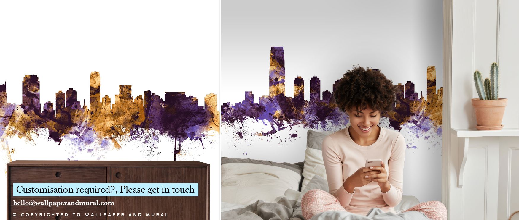 Glowing accents flow through the Jersey City New York Skyline Purple & Gold Wallpaper, shimmering with vibrancy. The skyline emerges boldly, creating both energy and grace. The palette inspires modernity with cultural resonance. With note of bedrooms, it 