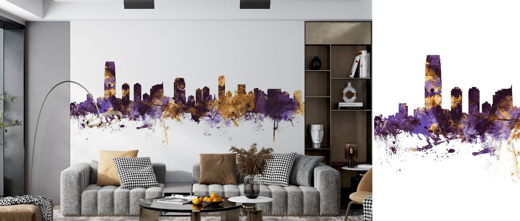 With radiant brilliance, the Jersey City New York Skyline Purple & Gold Wallpaper celebrates modern charm. Its luminous palette enlivens architectural silhouettes, creating captivating presence. Every element resonates with cultural strength. A note about
