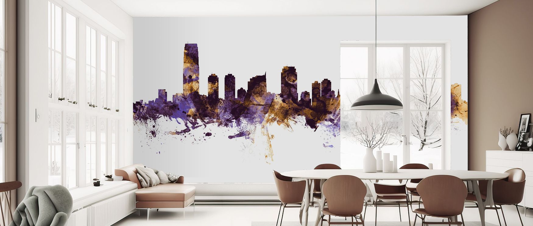 The Jersey City New York Skyline Purple & Gold Wallpaper radiates elegance through vibrant palettes. Gold glimmers contrast against purple shadows, delivering sophistication and charm. The cityscape feels alive with vibrancy. A line mentioning bedrooms as