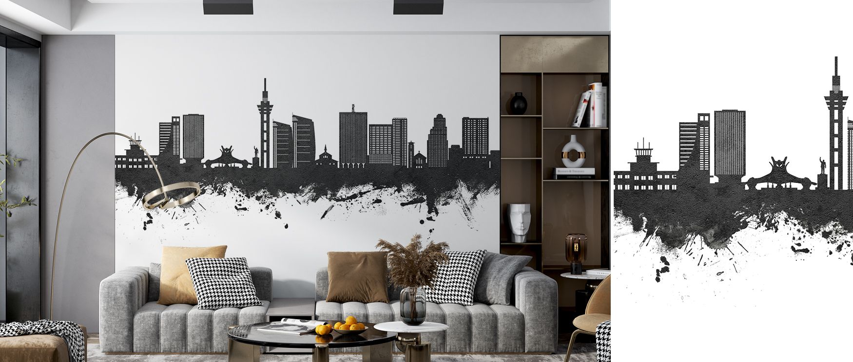 Artistic minimalism defines the Kinshasa Skyline Black & White Wallpaper, with bold contrasts creating dynamic energy. Each silhouette feels commanding, offering visual harmony. Its monochrome palette blends easily. A mention of living room walls reinforc