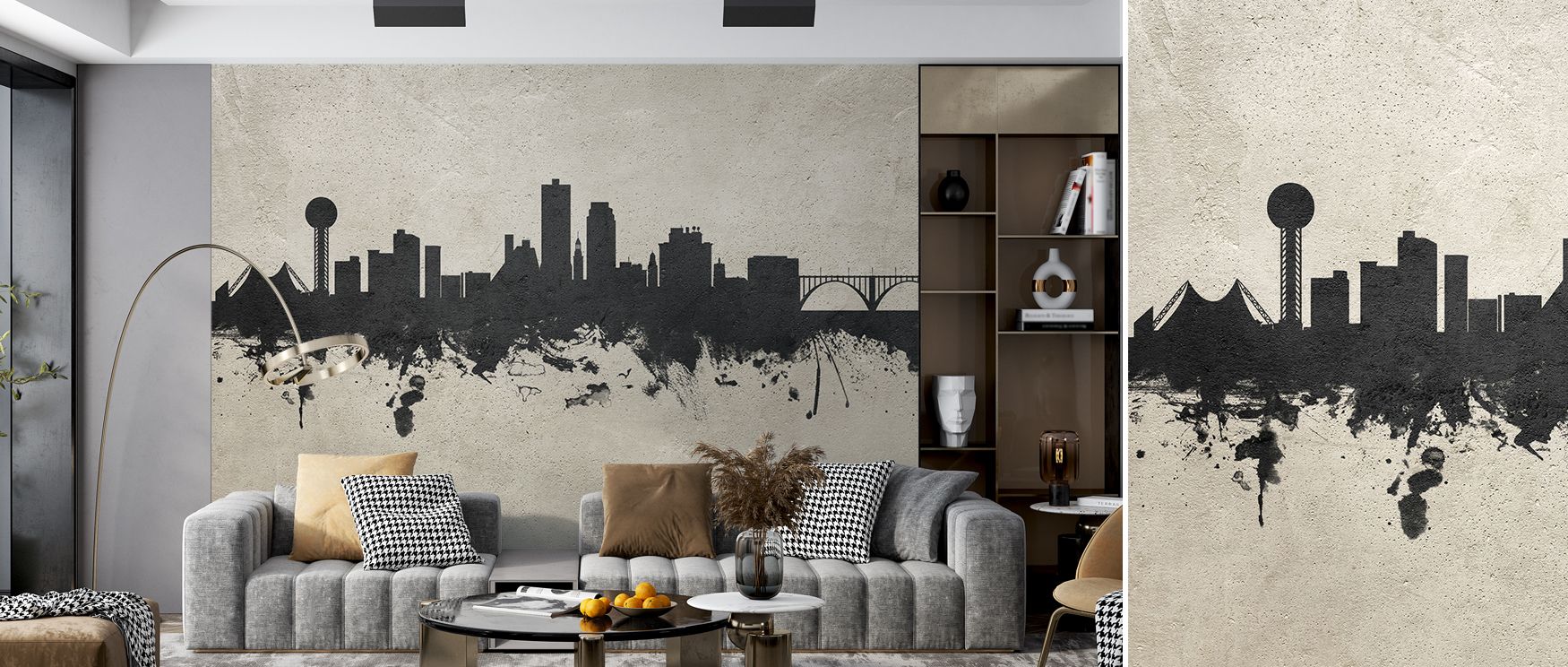 Strength emerges in the Knoxville Tennessee Skyline Concrete Wallpaper, with structures rising in balance against pale backgrounds. The palette suggests permanence and urban pride. With mention of living rooms, it proves versatile, enriching communal spac