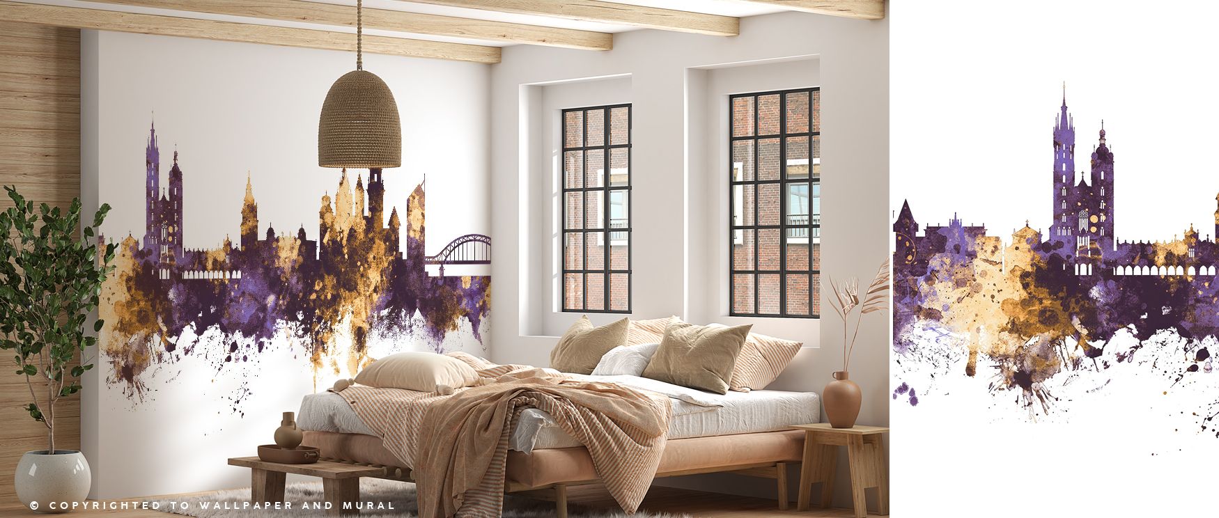 The Krakow Skyline Purple & Gold Wallpaper celebrates heritage through glowing tones, highlighting iconic structures with brilliance. Every line conveys pride and atmosphere. Its palette offers modern elegance. Mention of offices underscores versatility, 