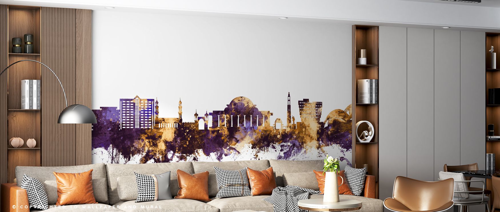 A stunning depiction of Lilongwe Malawi Skyline Purple & Gold Wallpaper blends deep tones with luminous lines. Each building glows against a velvety purple canvas, emphasizing grandeur and balance. The composition inspires admiration while enriching space