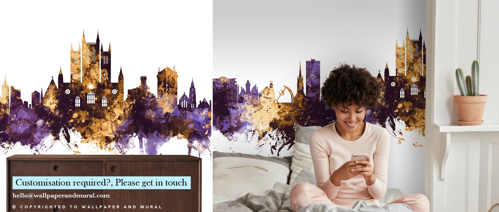 A bold portrayal of Lincoln England Skyline Purple & Gold Wallpaper highlights majestic buildings glowing with golden tones across purple skies. The design radiates energy and depth, infusing walls with timeless storytelling. Its palette feels rich yet in