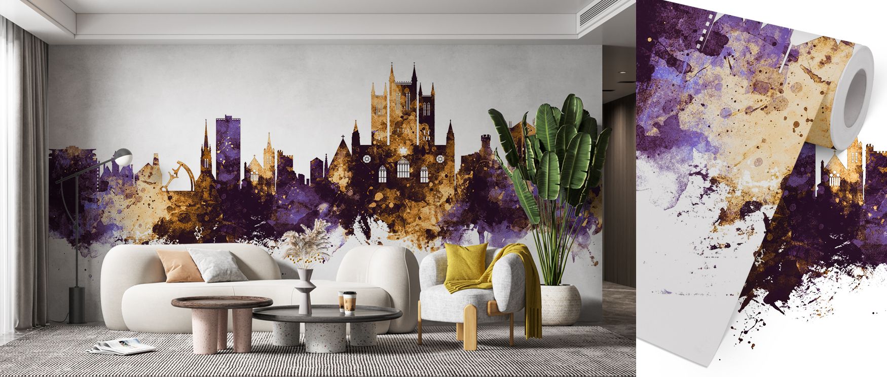 Celebrating artistry, Lincoln England Skyline Purple & Gold Wallpaper captures historic silhouettes illuminated in golden glow. Purple depth anchors the scene with grandeur and balance. Its composition creates visual poetry, turning walls into cultural na
