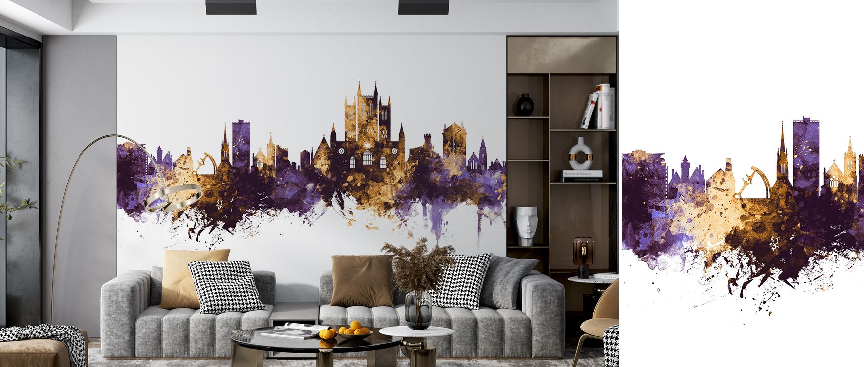 The surface of Lincoln England Skyline Purple & Gold Wallpaper shines with richness, where gold light contrasts beautifully against purple depth. Each outline adds character, creating rhythm and visual intrigue. Its atmosphere feels both regal and invitin