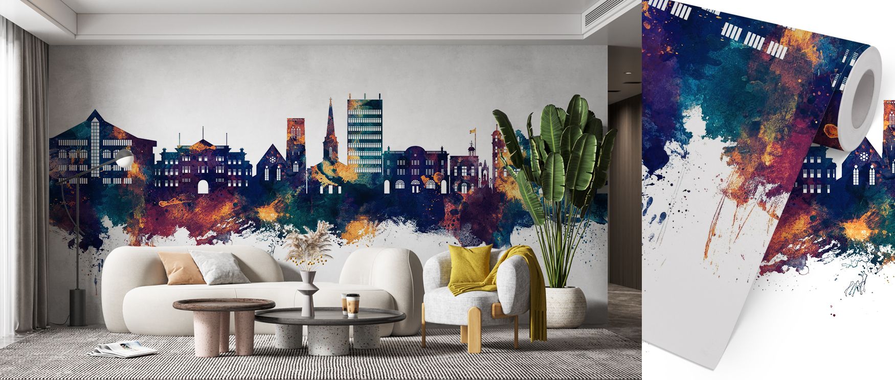 A bold portrayal of Lincoln England Skyline Purple & Gold Wallpaper highlights iconic silhouettes glimmering in luminous tones. The contrast between purple richness and golden brilliance feels elegant and celebratory. The design enriches walls with herita