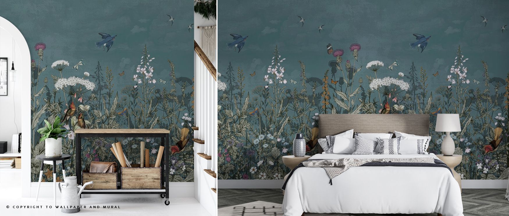 Framed by calming tones, Meadow Finds Dusty Blue Wallpaper presents delicate arrangements inspired by meadows. Its dusty palette glows with subtle charm, offering walls peace and balance. The design radiates sophistication and artistic grace. A beautiful 