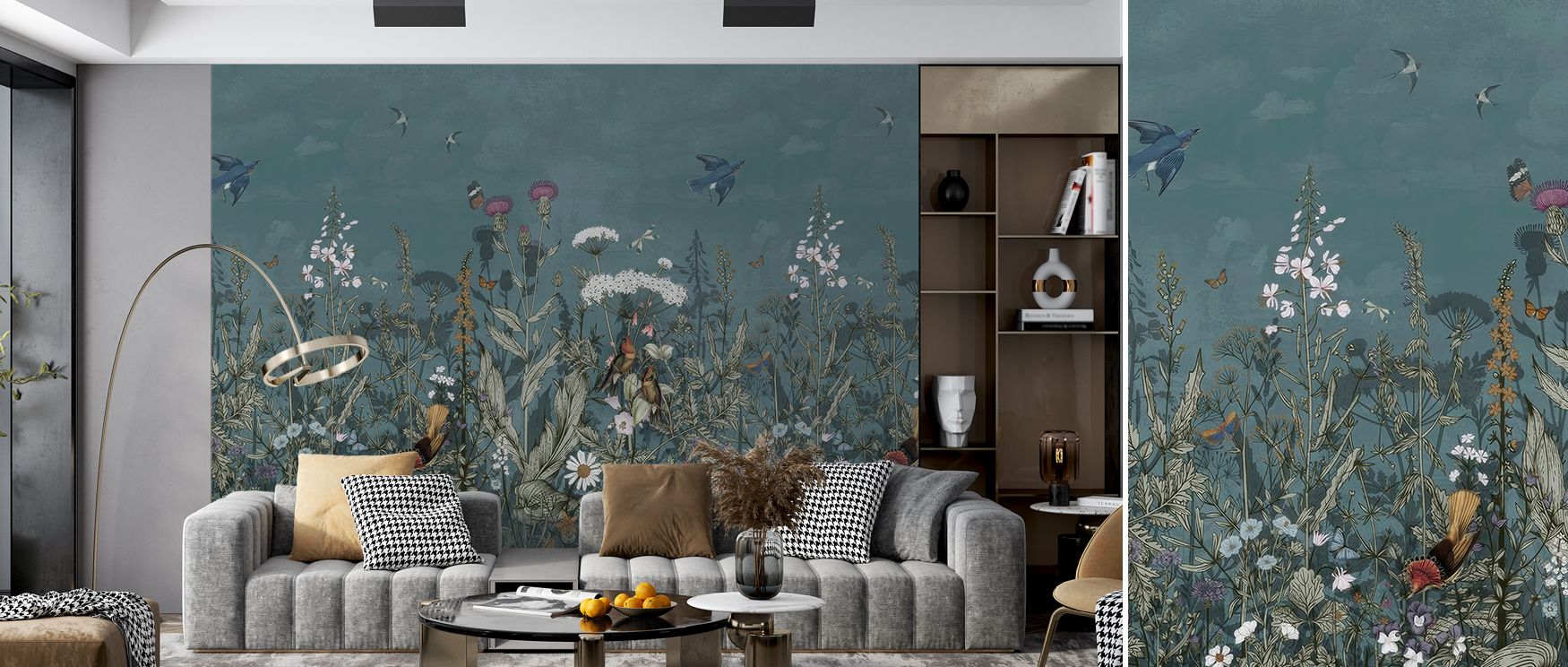 Celebrating nature, Meadow Finds Dusty Blue Wallpaper radiates delicate imagery enriched by soft hues. Its palette glows with elegance, creating rhythm across interiors. The surface feels tranquil and expressive. This wallpaper inspires balance in bedroom