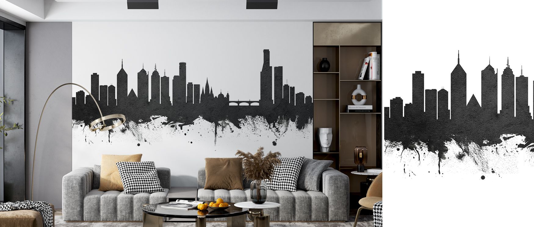 Minimal tones define Melbourne Australia Skyline Black & White Wallpaper, offering versatile character. Living rooms thrive on vibrancy, offices on sophistication, and bedrooms on restful charm, reflecting timeless metropolitan mood.