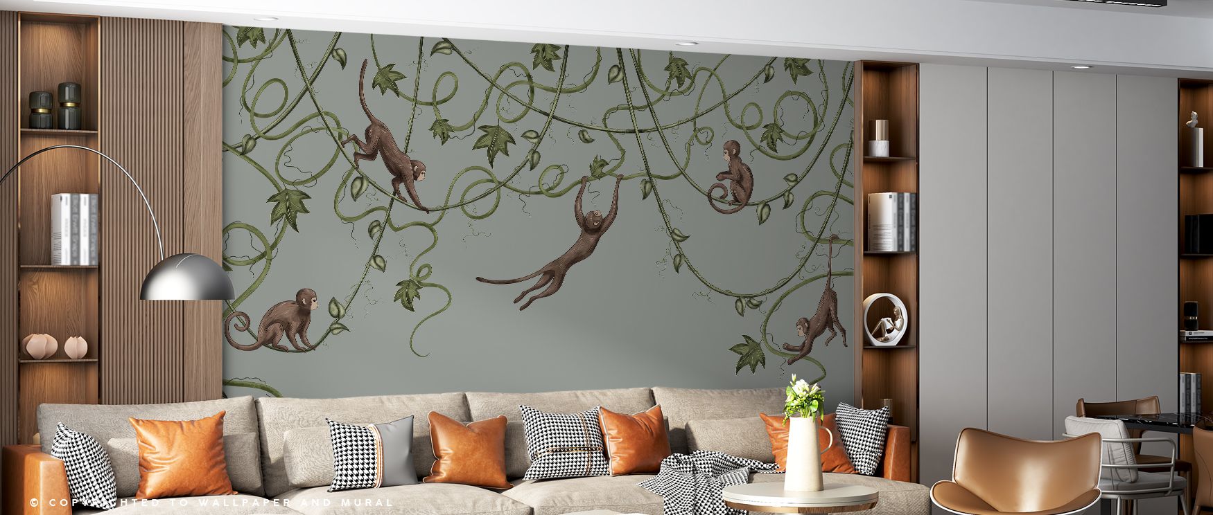 Laurel tones blend seamlessly with monkey motifs in Monkey Jump Laurel Wallpaper, creating balance between vibrancy and calmness, allowing interiors to radiate life and charm while presenting walls with playful elegance and natural artistry rooted in soft