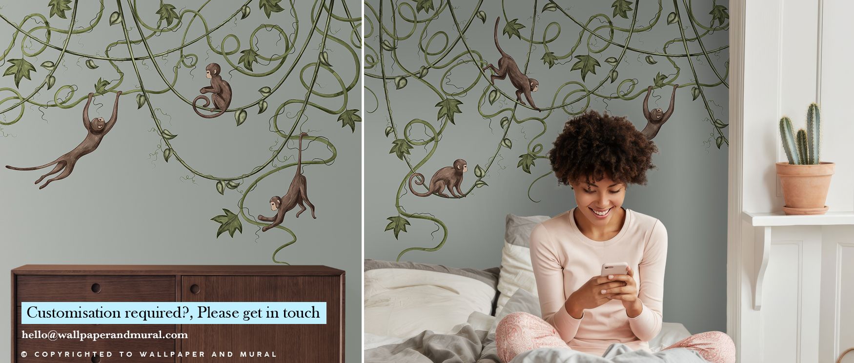 Monkey Jump Laurel Wallpaper brings laughter into interiors through finely detailed characters, ensuring spaces feel alive with charm and wit, transforming ordinary walls into engaging backdrops that radiate warmth and whimsical sophistication for versati