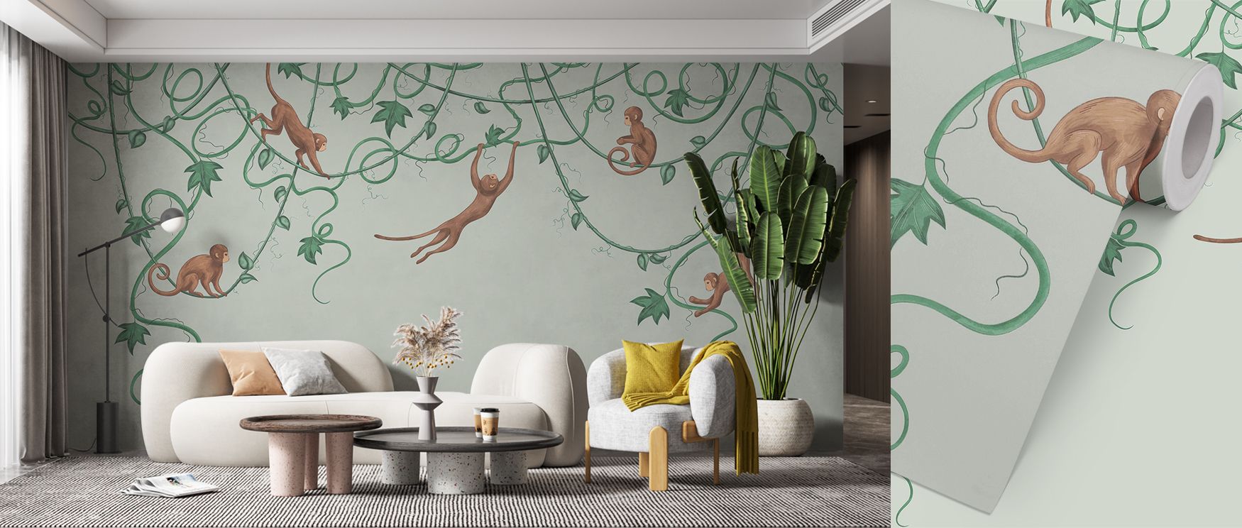 Humor and artistry combine in Monkey Jump Pistachio Wallpaper, with detailed motifs of leaping monkeys enriching walls, presenting interiors with whimsical warmth and imaginative elegance that feels both vibrant and serene. 