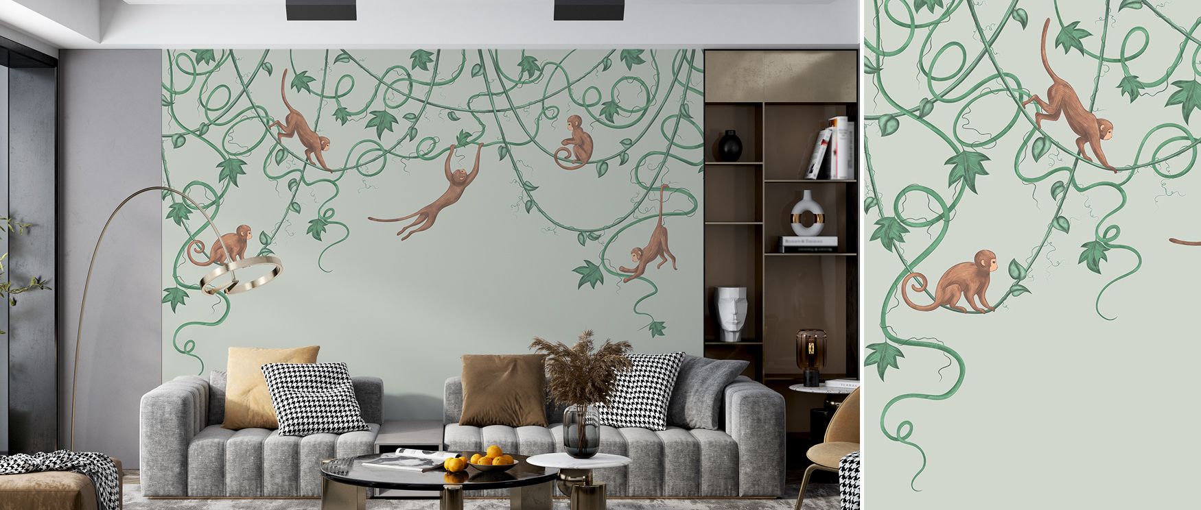 Monkey Jump Pistachio Wallpaper weaves imagination and charm, presenting walls with animated patterns softened by delicate hues, bringing interior spaces alive with warmth, humor, and understated grace. 