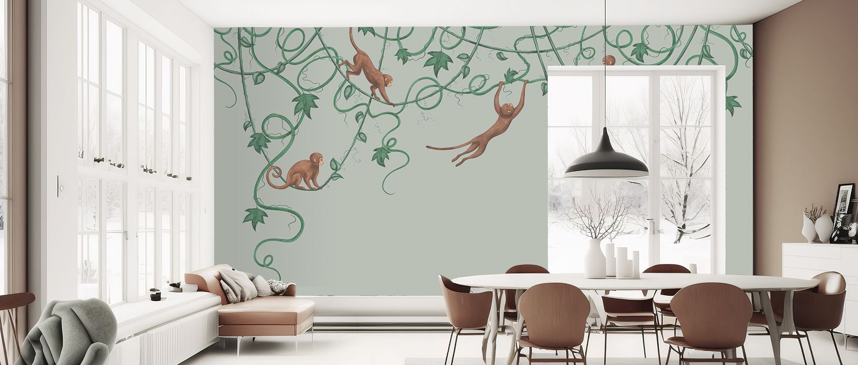Narrative detail enriches Monkey Jump Pistachio Wallpaper, capturing monkeys in lively poses across gentle backgrounds, turning spaces into expressive retreats that exude playfulness and design sophistication. 