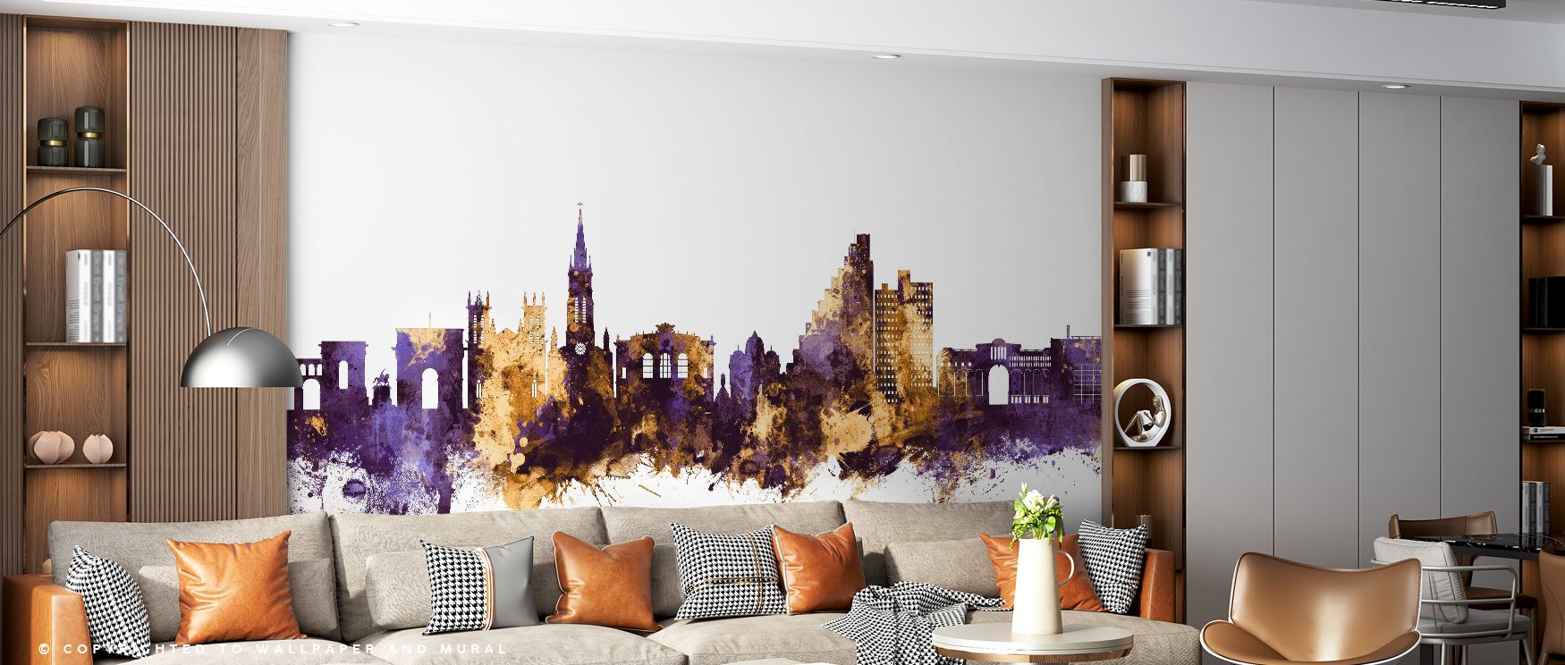 Urban elegance defines the Montpellier Skyline Purple & Gold Wallpaper, blending architectural detail with luminous colors to craft interiors that radiate sophistication while evoking a sense of cosmopolitan French beauty and modern design presence. 
