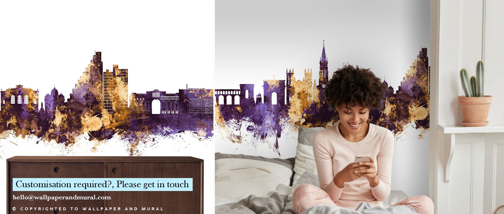 The Montpellier Skyline Purple & Gold Wallpaper highlights city forms in radiant purple and warm gold, creating walls that feel both contemporary and timeless, offering metropolitan charm to bedrooms, offices, or stylish living areas. 
