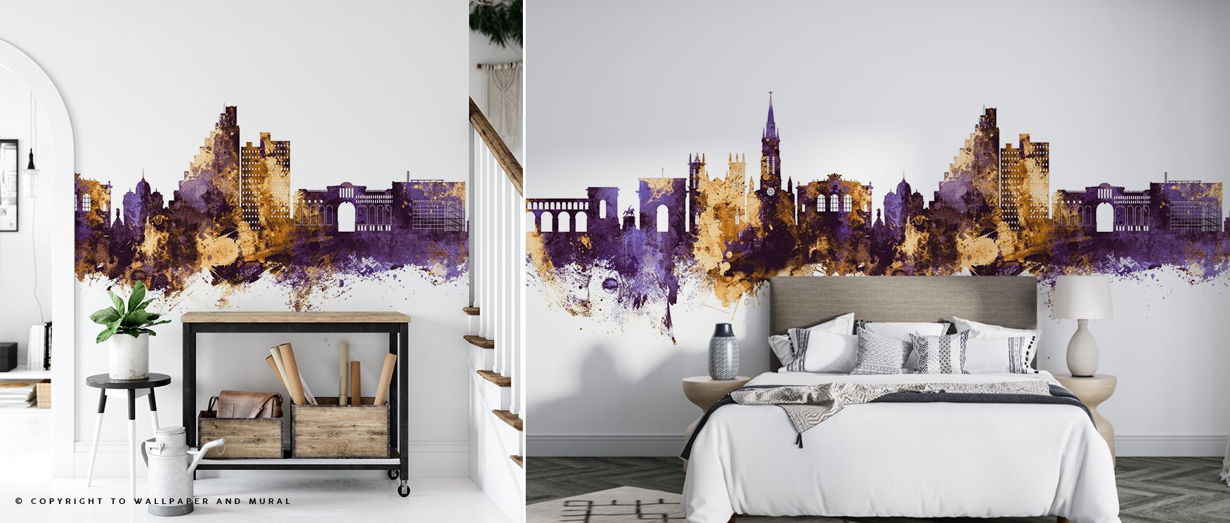 With its vivid tones, the Montpellier Skyline Purple & Gold Wallpaper transforms interiors into cultural showcases, where light and form meet to produce walls that speak of elegance, vitality, and refined French atmosphere. 