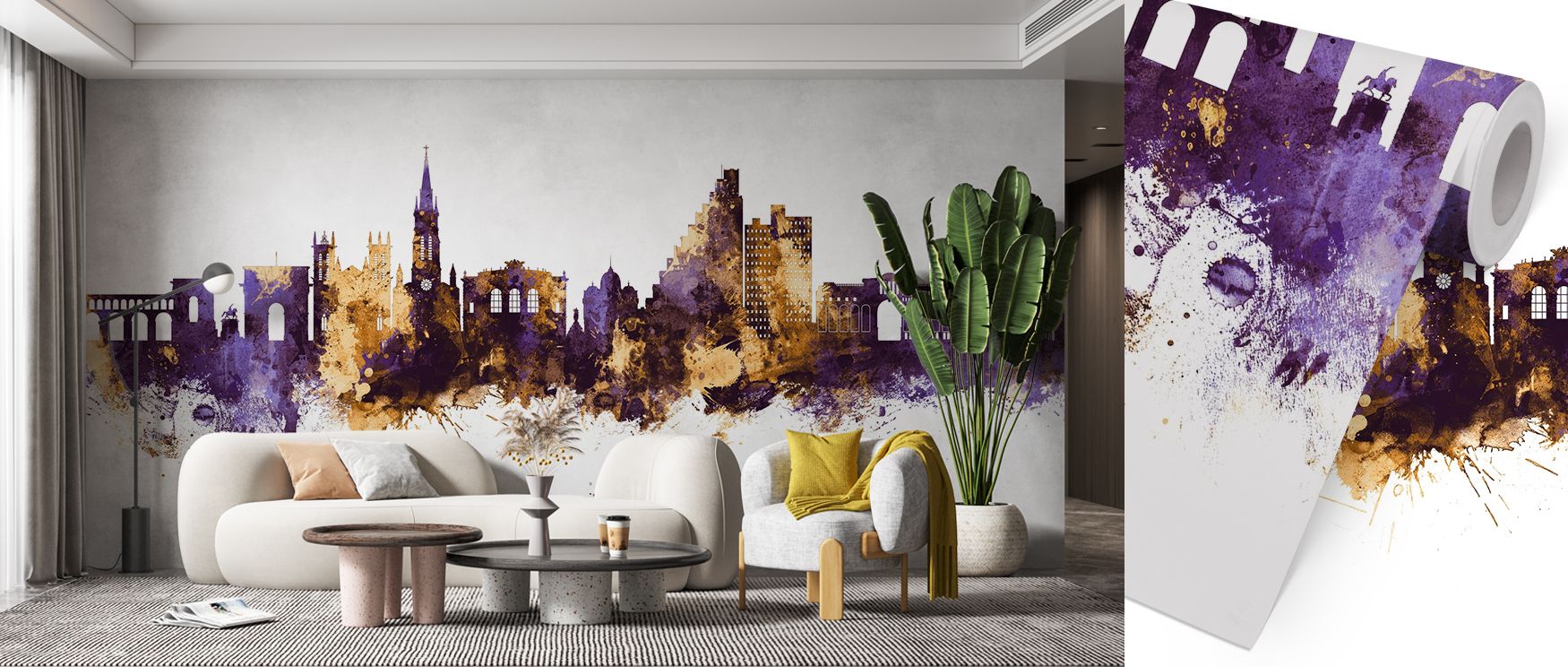 Radiant imagery defines the Montpellier Skyline Purple & Gold Wallpaper, producing glowing surfaces that enhance interiors with modern artistry and French elegance, offering visual drama and enduring decorative appeal. 