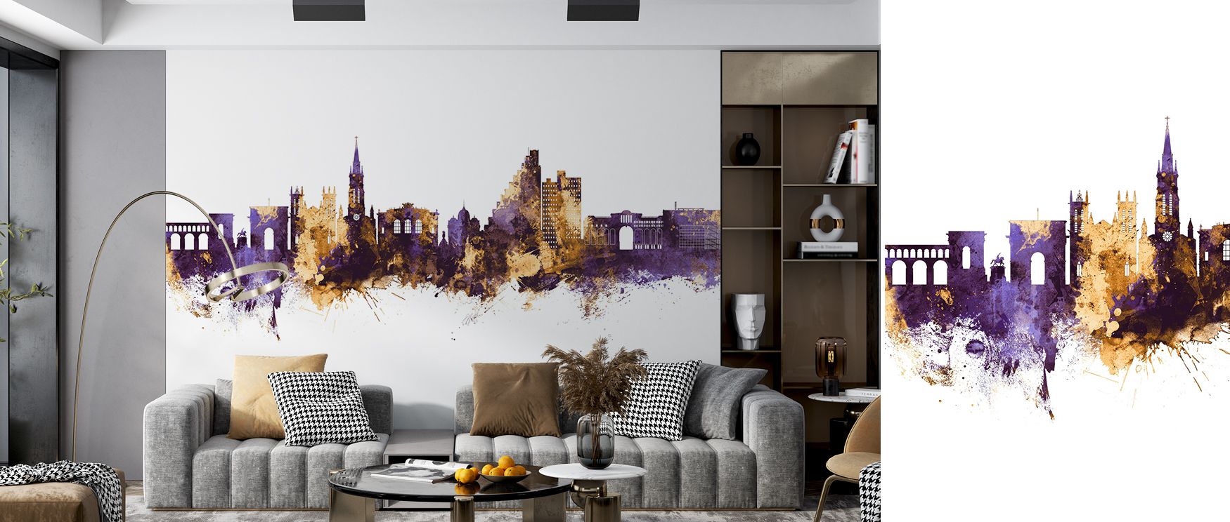 Architectural silhouettes dominate the Montpellier Skyline Purple & Gold Wallpaper, turning plain walls into striking focal points filled with color, energy, and a polished sense of cosmopolitan character and sophisticated charm. 