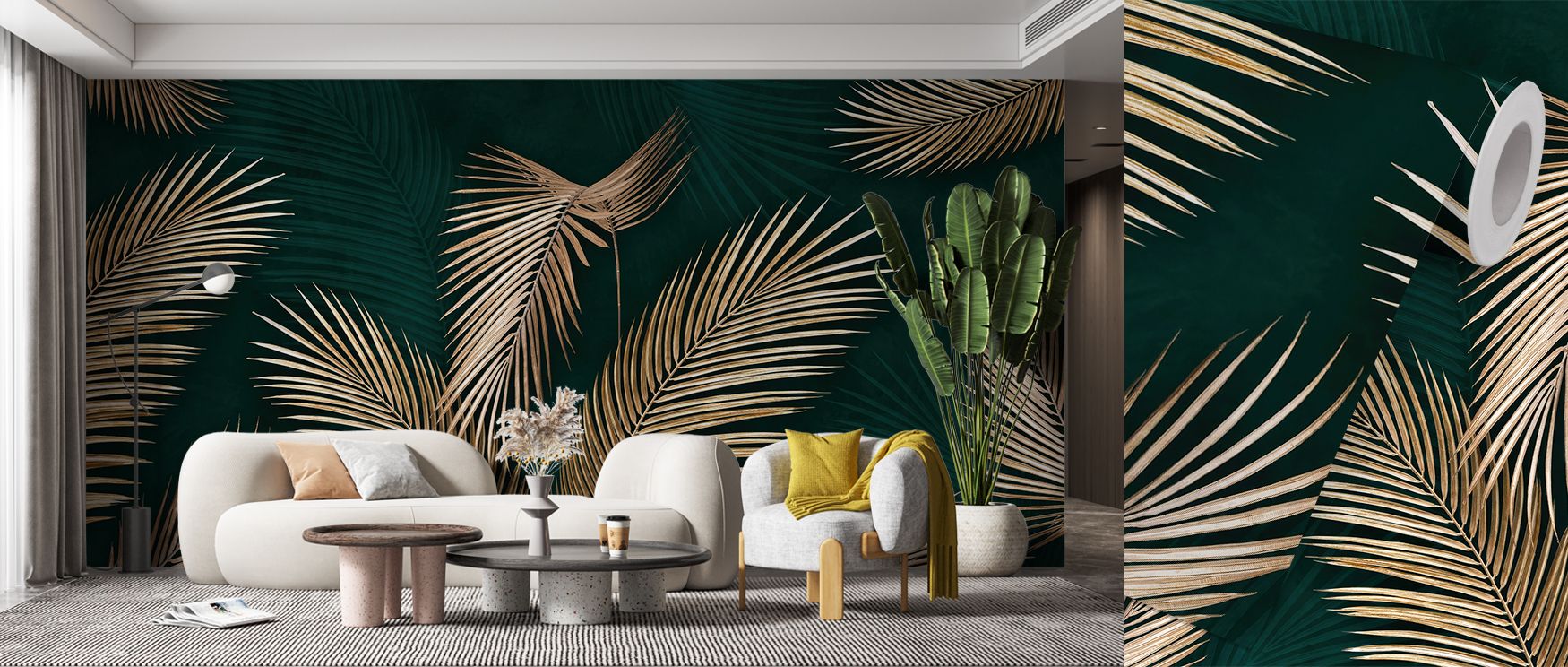 Monumental Leaf Wallpaper conveys bold artistry where foliage motifs combine natural inspiration with contemporary scale, offering decorative impact and creating strong visual identity in everyday living spaces. 