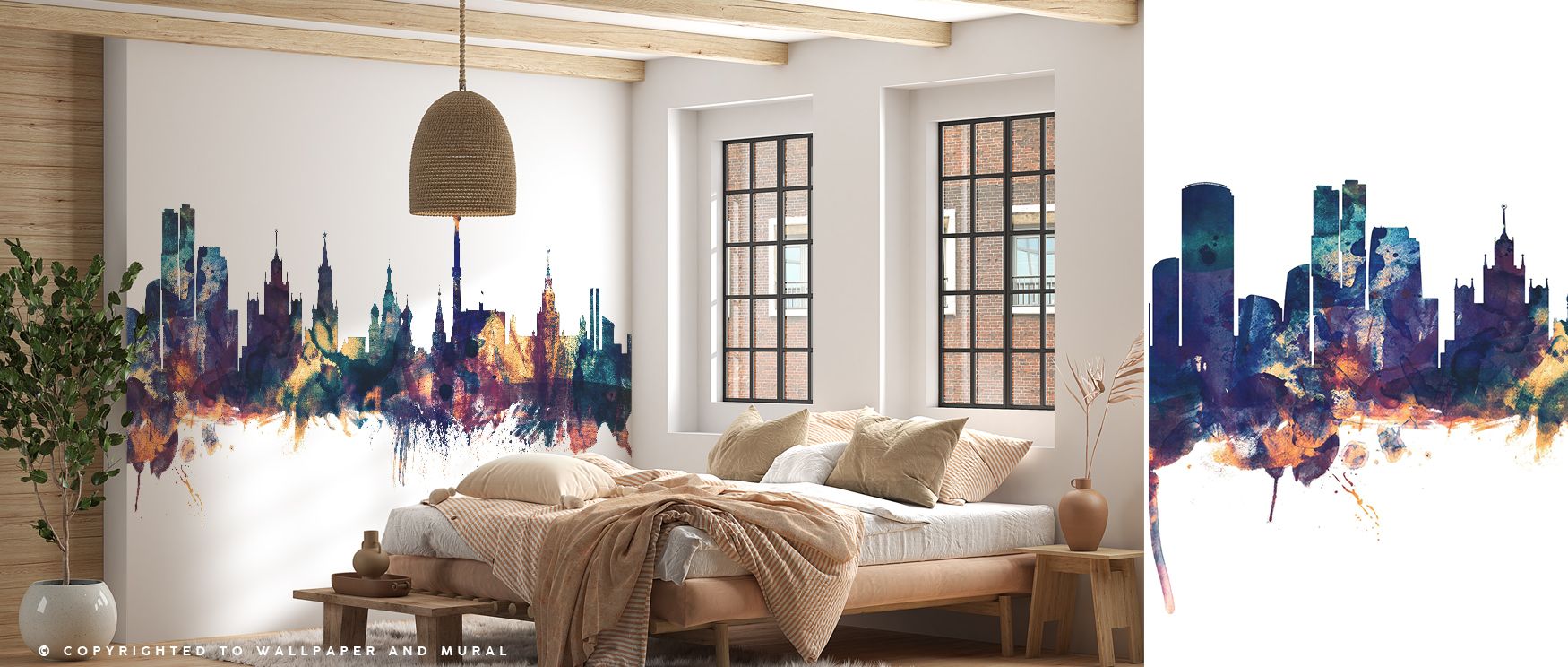 Architectural artistry defines Moscow Russia Skyline Blue & Bronze Wallpaper, blending bold bronze tones with rich blue depths to transform ordinary walls into metropolitan canvases filled with elegance and vibrancy. 